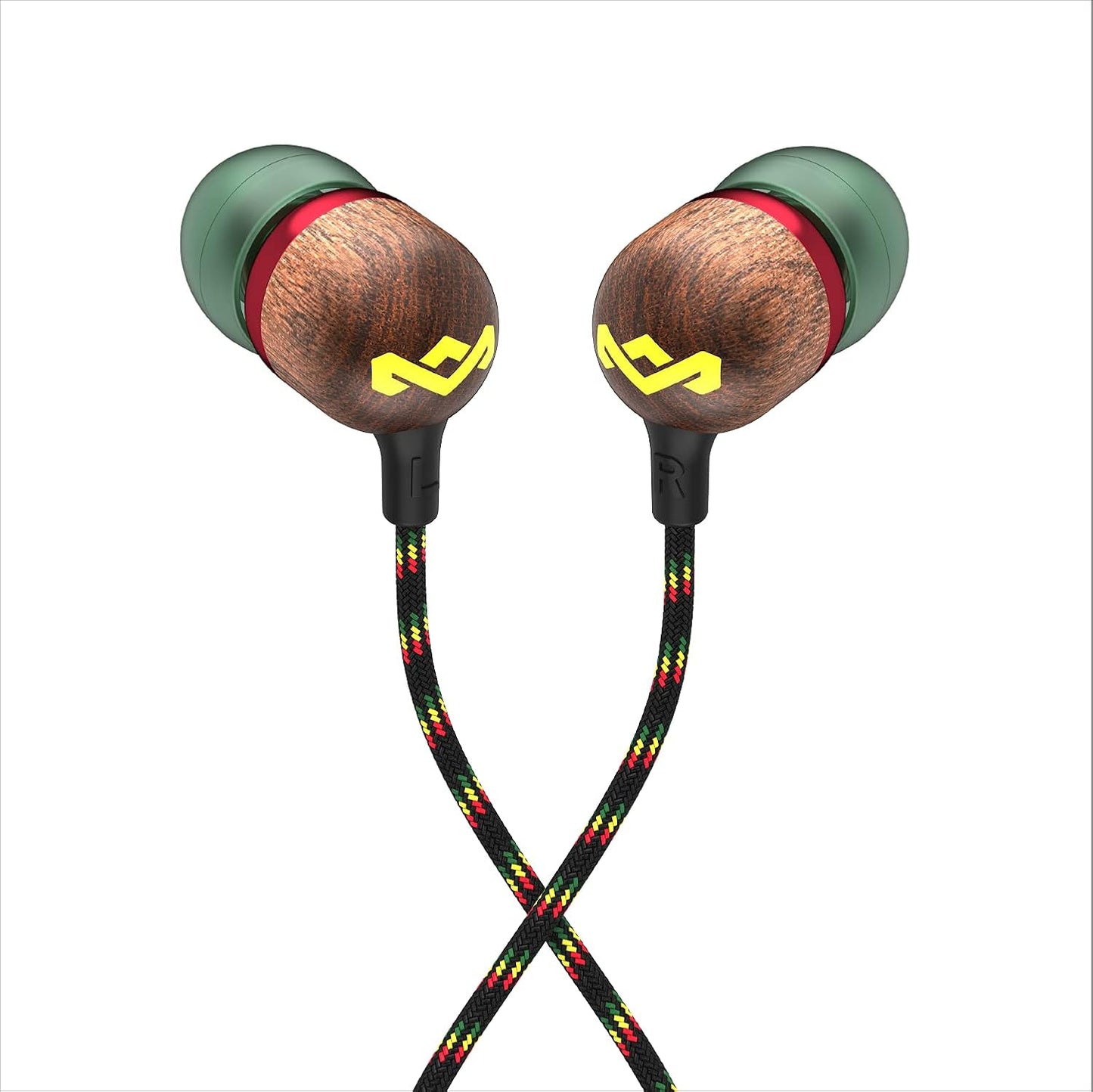 House of Smile Jamaica Wired: Wired Earphones with Microphone, Noise Isolating Design, and Sustainable Materials (Rasta)
